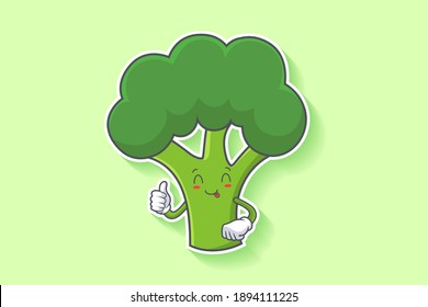 YUM, TONGUE, CHEERFUL Face Emotion. Thumb Up Finger Hand Gesture. Broccoli Vegetable Cartoon Drawing Mascot Illustration.