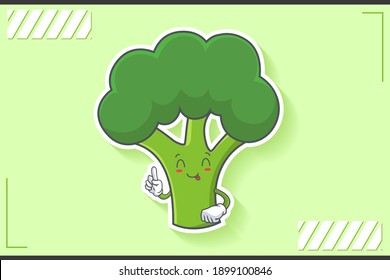 YUM, TONGUE, CHEERFUL Face Emotion. forefinger Hand Gesture. Broccoli Vegetable Cartoon Drawing Mascot Illustration.