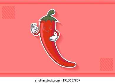 YUM, TONGUE, CHEERFUL Face Emotion. Nice Hand Gesture. Chili Vegetable Character Cartoon Drawing Mascot Illustration.