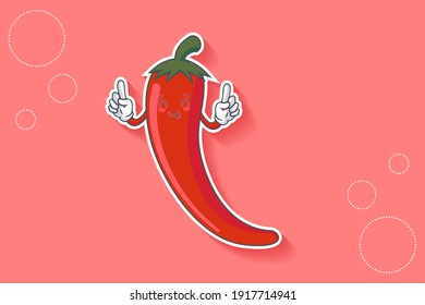 YUM, TONGUE, CHEERFUL Face Emotion. Double Forefinger Hand Gesture. Chili Vegetable Cartoon Drawing Mascot Illustration.