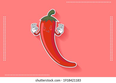 YUM, TONGUE, CHEERFUL Face Emotion. Double Nice Hand Gesture. Chili Vegetable Character Cartoon Drawing Mascot Illustration.