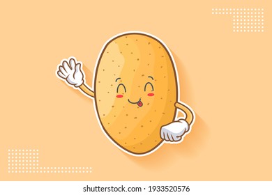 YUM, TONGUE, CHEERFUL Face Emotion. Waving Hand Gesture. Potato Vegetable Character Cartoon Drawing Mascot Illustration.