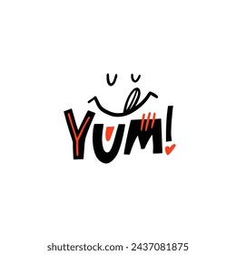 Yum typography text. Black and red colors lettering. Vector art isolated on white background.