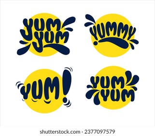 yum yum vector illustration words set. printable graphic tee. doodle design for print. hand drawn calligraphy style.