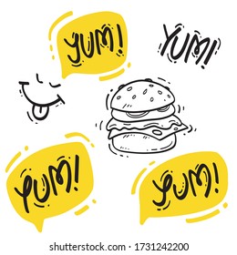 Yum Word. Yummy Burger. Vector Lettering.