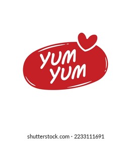 Yum Yum Yum Wörter gesetzt. Druckbarer Grafiktee. Design-Doodle für den Druck. Vektorgrafik. Farbenfroh. Cartoon handgezeichnet Kalligrafie-Stil. 