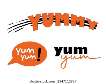 Yum Yum words set. Printable graphic . Design doodle for print and media . Vector illustration. Colorful. Cartoon hand drawn calligraphy style. orange Black and white