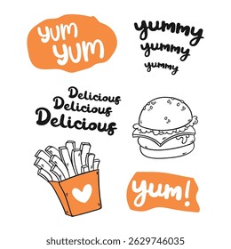 Yum Yum words set. Printable graphic tee. Design doodle for print. Vector illustration. Colorful. Cartoon hand drawn calligraphy style. orange Black and white, hamburger, French fries, fast food
