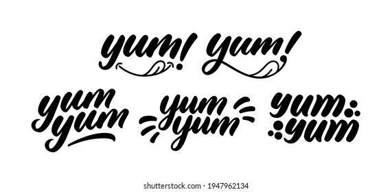 Yum Yum words set. Yummy handwritten word. Modern calligraphy. Calligraphic doodle text design for print. Vector logo design. Hand drawn lettering in cartoon style. Phrase yum with licking tongue.