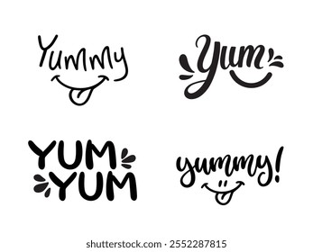 Yum Yum palavras vetoriais conjunto de ilustrações de vetor. Design doodle de texto cômico para impressão. Caligrafia desenhada à mão em desenho animado isolada no branco