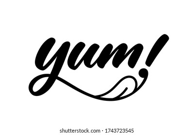 Yum. Yummy handwritten word. Modern calligraphy. Calligraphic doodle text design for print. Vector logo design. Hand drawn lettering in cartoon style. Phrase yum with licking tongue.