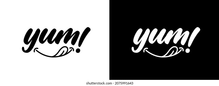 Yum. Yummy handwritten word. Modern calligraphy. Calligraphic doodle text design for print. Vector logo design. Hand drawn lettering in cartoon style. Phrase yum with licking tongue.