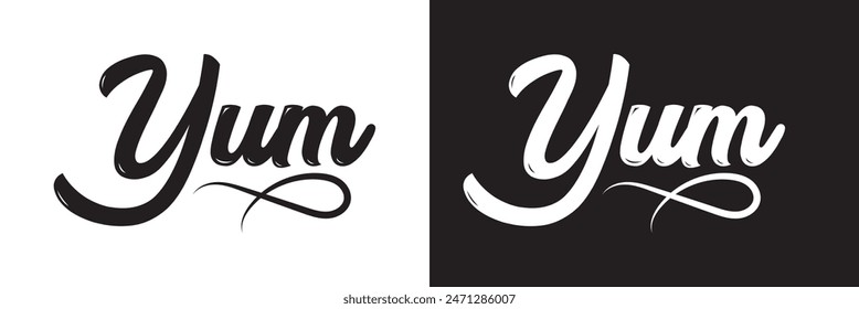 Yum. Yummy handwritten word. Modern calligraphy. Calligraphic doodle text design for print. Vector logo design. Hand drawn lettering in cartoon style. Phrase yum with licking tongue. vector. EPS 10