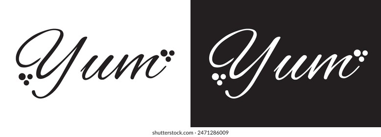 Yum. Yummy handwritten word. Modern calligraphy. Calligraphic doodle text design for print. Vector logo design. Hand drawn lettering in cartoon style. Phrase yum with licking tongue. vector. EPS 10