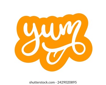 Yum. Yummy handwritten word. Vector calligraphic sticker. Calligraphic doodle text design for print. Trendy logo design. Hand drawn lettering in cartoon style. Phrase yum with licking tongue.