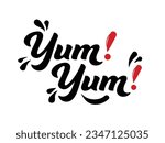 Yum Yum , yummy words set. Printable graphic tee. Design doodle for print and media. Vector illustration. Colorful.  hand drawn calligraphy style. red Black and white