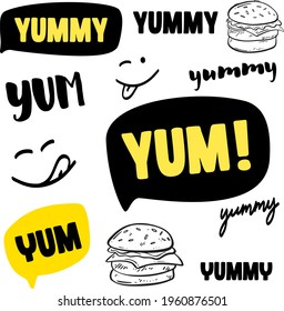 Yum, Yummy words set. Vector sketch illustration of typography.