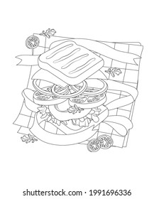 Yummy breakfast sandwich picnic food vector illistration for coloring book page