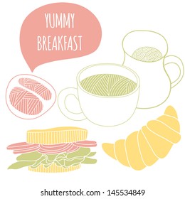 Yummy breakfast set. Cartoon vector illustration. Good for kitchen and cafe stuff