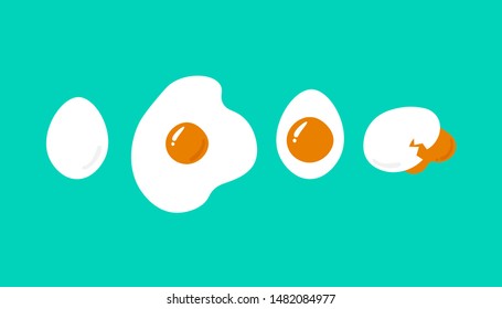 Yummy breakfast. Vector hand drawn illustration. Set of differently cooked eggs. Poached egg, fried egg, hard boiled egg. Fried egg. Fresh delicious. Icon. 