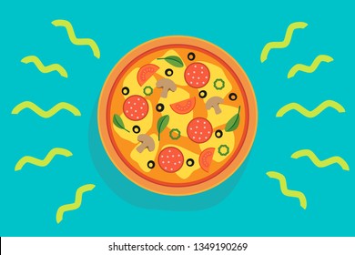 Yummy bright round pizza with pepperoni, olives and green basil leaves and lots of vegetables. Traditional Italian cuisine. Modern trend flat style. Vector mobile illustration. Doodle elements.