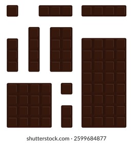 Yummy brown chocolate pieces isolated on white background. Dark Chocolate bar and pieces top view. Vector illustration