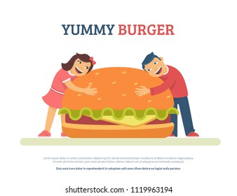 Yummy burger concept flat vector illustration of funny boy and girl lovely hugging a big hamburger. Happy friends hugging burger isolated on white background with copyspace for promo text