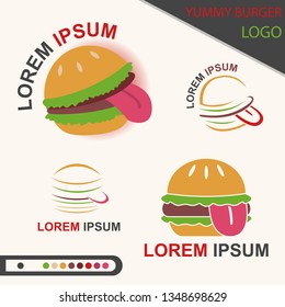 Yummy Burger Fast Food With Tongue Logo - Vector