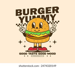 yummy burger funny cartoon character illustration in retro style, mascot design can be used as t shirt, sticker, poster, print design, apparel design, and urban style