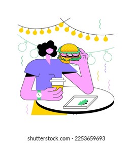 Yummy burger aisló ilustraciones vectoriales de dibujos animados. Niña joven comiendo una sabrosa hamburguesa en un festival de comida, sosteniendo suavidad en las manos, adicción a la comida chatarra, disfrutando de la caricatura vectorial de las comidas.