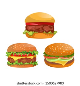 Yummy Burger/Hamburger Collection. Vector Illustration Isolated On White Background