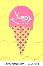 Yummy, calligraphy lettering with smile, ice cream, abstract design, size A4, vector illustration