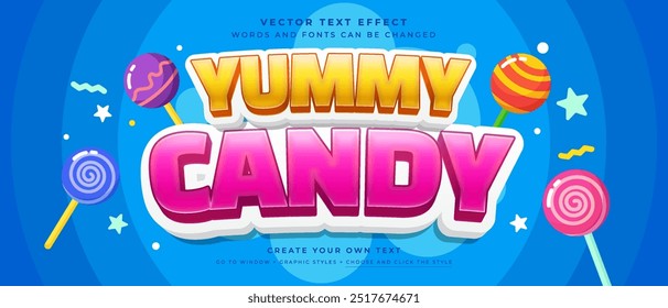 Yummy candy text effect on abstract blue background, headline title vector graphic style