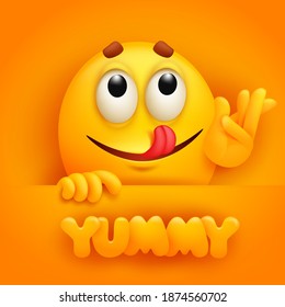 Yummy card. Cute emoji cartoon character on yellow backround. Vector illustration