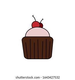 Yummy cartoon muffin with red cherry on white isolated background. Bakery single object. Suitable for menu design, card, poster, banner.