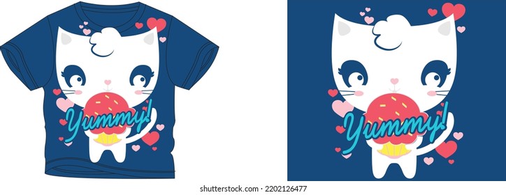yummy cat t-shirt design background color is a blue and t-shirt color is a blue beautiful color and beautiful design