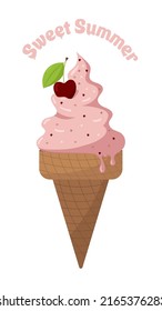 Yummy Cherry Ice Cream. Summer Vector Banner Sweet Summer. Perfect for Social Media, Banners, Printed Materials etc.