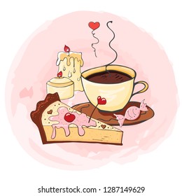 Yummy chocolate dessert with a cup of coffee/tea. Appetizing tasty sweets with romantic decorating. Dessert for 
romantic dinner for Valentines Day. Colorful hand drawn illustration cartoon style