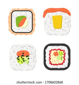 Yummy colored sushi rolls vector icon set. Collection of different flavours and kinds