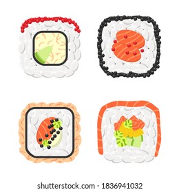 Yummy colored sushi rolls vector icon set. Collection of different flavours and kinds