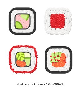 Yummy colored sushi rolls vector icon set. Collection of different flavours and kinds