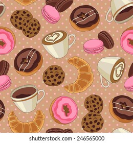 Yummy colorful chocolate cookies, donuts and cups of coffee seamless pattern, light brown