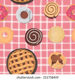 Yummy colorful chocolate cookies, donuts and cups of coffee seamless pattern.
