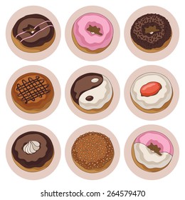 Yummy colorful chocolate and cream donuts, isolated set