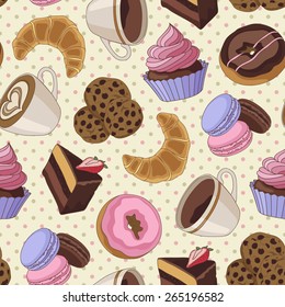 Yummy colorful chocolate cupcakes, cookies, pie, donuts and cups of coffee seamless pattern, light yellow