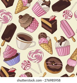 Yummy colorful chocolate cupcakes, cookies, icecream, pie, lollipop, donuts and cups of coffee seamless pattern, light yellow - Shutterstock ID 276985958