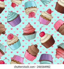 Yummy colorful cream cupcake seamless pattern with hearts, blue