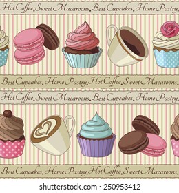 Yummy colorful cream cupcakes, macaroons and cups of coffee seamless pattern, light yellow