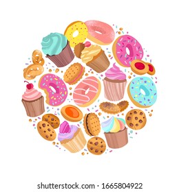 Yummy colorful donuts, cookies and cupcakes hand drawn pattern round shape. Homemade pastry. Vector cartoon isolated illustration on white background.