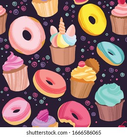 Yummy colorful donuts, cookies and cupcakes. Hand drawn seamless pattern on darkbackground. Vector decorative elements for design cards, textile or packing paper, banner or poster.